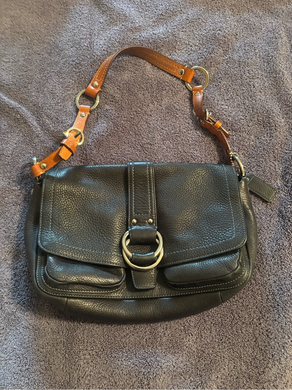 Women's Coach Black Leather Shoulder Bag with Tan Strap